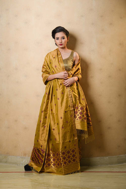 Abhushan Mustard Yellow Paat Silk Mekhela Sador