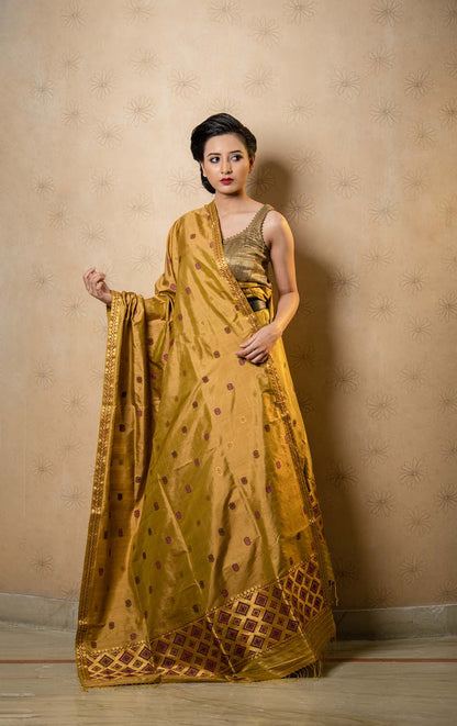 Abhushan Mustard Yellow Paat Silk Mekhela Sador