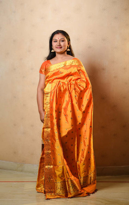 Kesari Orange-Gold Paat Silk Mekhela Sador