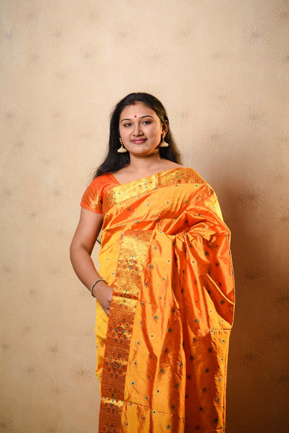 Kesari Orange-Gold Paat Silk Mekhela Sador