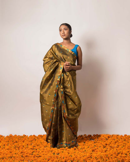 Niyati Olive Green Kesa Paat Silk Mekhela Sador