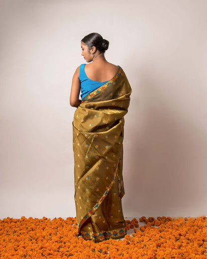 Niyati Olive Green Kesa Paat Silk Mekhela Sador