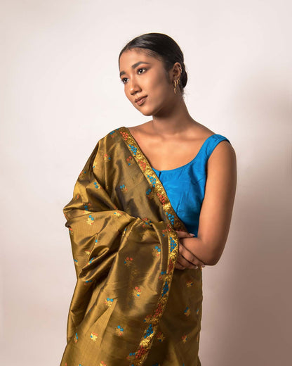 Niyati Olive Green Kesa Paat Silk Mekhela Sador