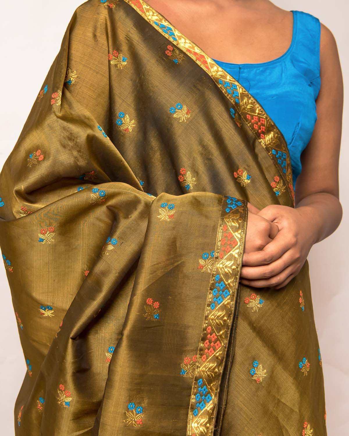 Niyati Olive Green Kesa Paat Silk Mekhela Sador