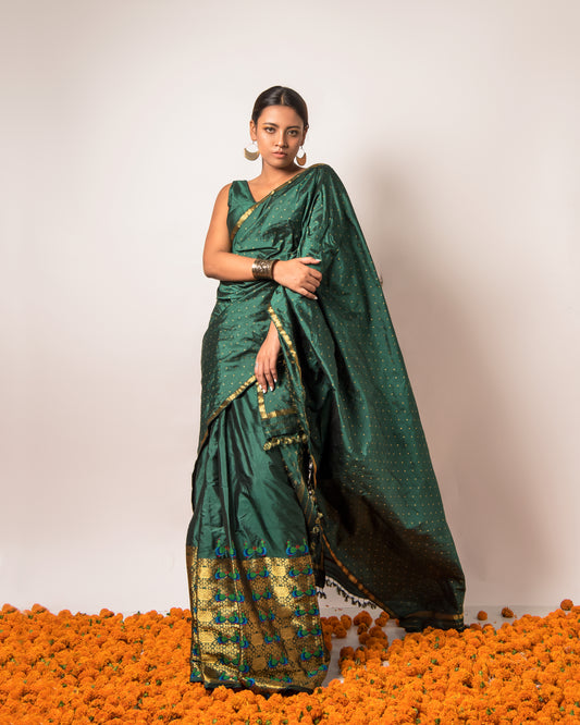 Nayan Green-Gold Paat Silk Mekhela Sador