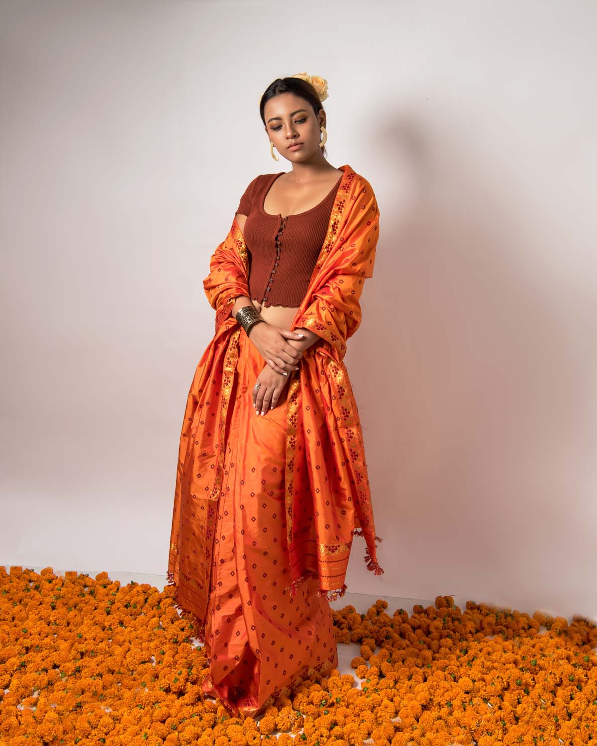 Zara Opal Orange Paat Silk Mekhela Sador