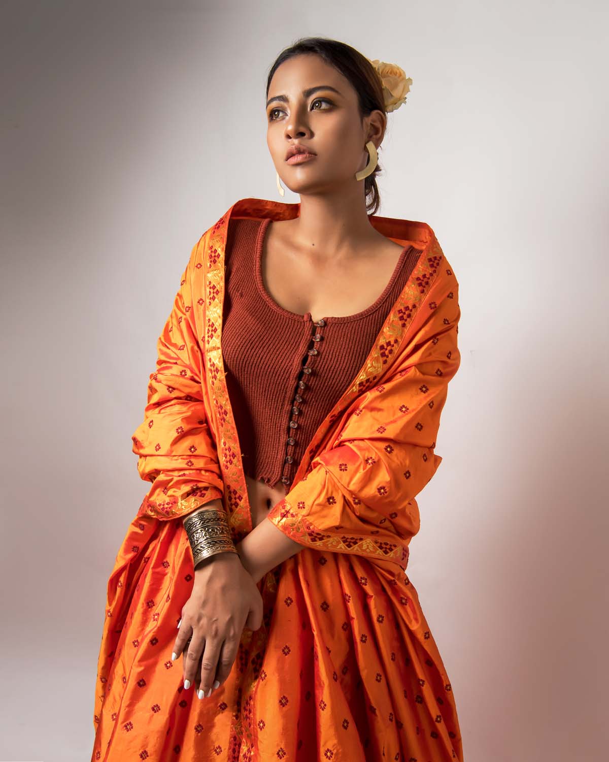 Zara Opal Orange Paat Silk Mekhela Sador