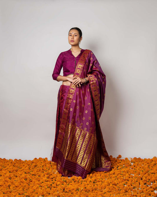 Phagun Wine Purple Paat Silk Mekhela Sador