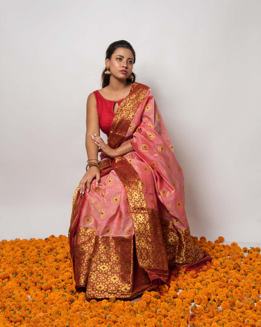 Pankhuri Soft Pink Kesa Paat Silk Mekhela Sador