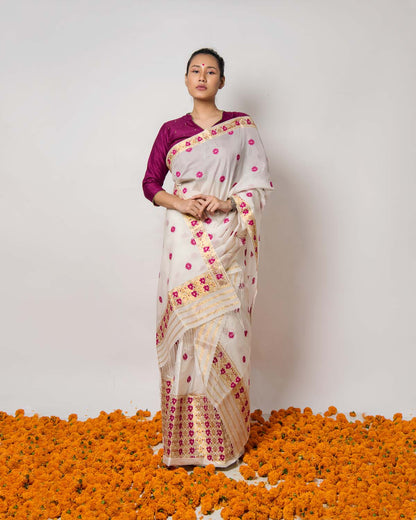 Bhrahmini White-Pink Kesa Paat Silk Mekhela Sador