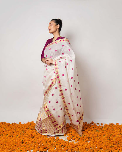 Bhrahmini White-Pink Kesa Paat Silk Mekhela Sador