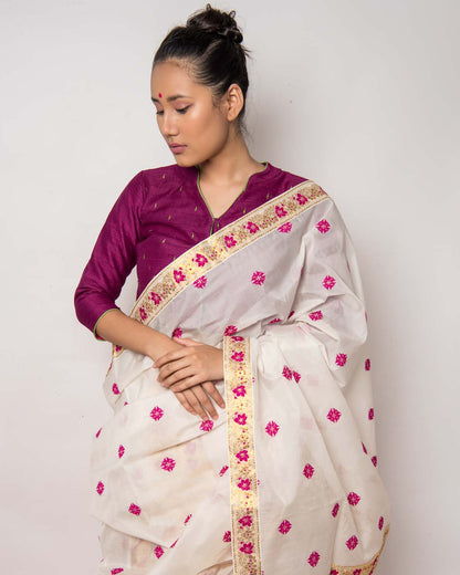 Bhrahmini White-Pink Kesa Paat Silk Mekhela Sador