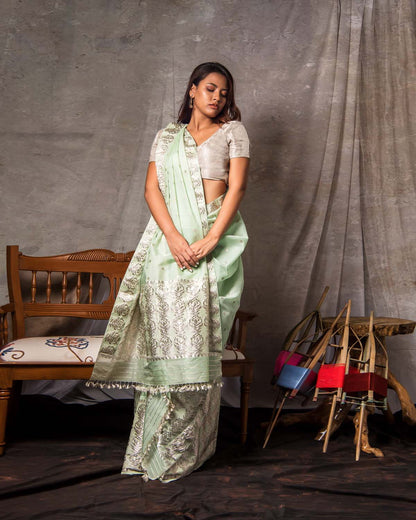 Aviva Mint Green Kesa Paat Silk Mekhela Sador