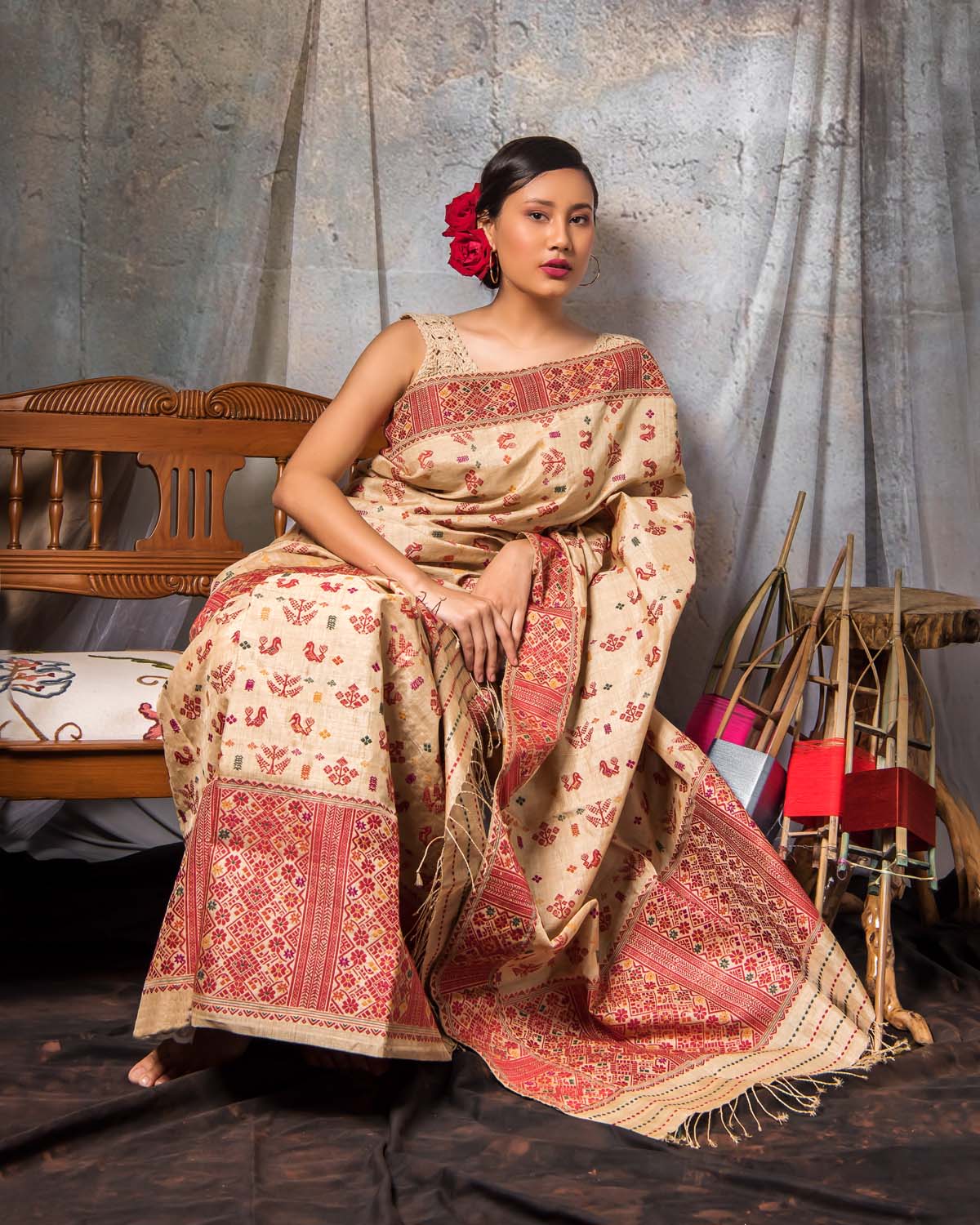 Dhaani Wheat Brown-Maroon Muga Silk Mekhela Sador