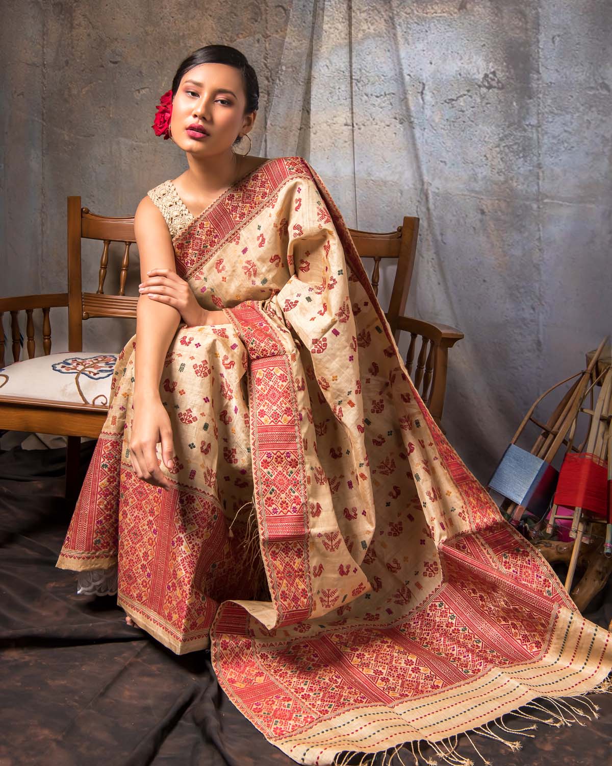Dhaani Wheat Brown-Maroon Muga Silk Mekhela Sador