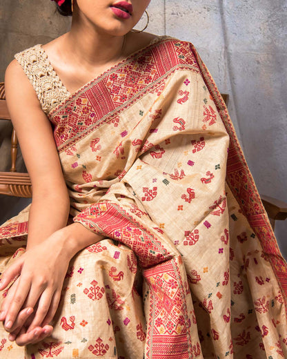 Dhaani Wheat Brown-Maroon Muga Silk Mekhela Sador