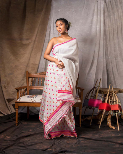 Padam White-Pink Kesa Paat Silk Mekhela Sador