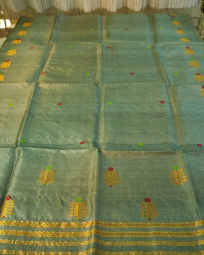 Rajgharana Ocean Green-Gold Tussar Silk Sador