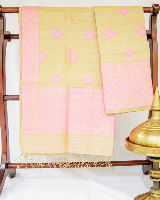 Prajanma Yellow Haze-Pink Muga Silk Mekhela Sador