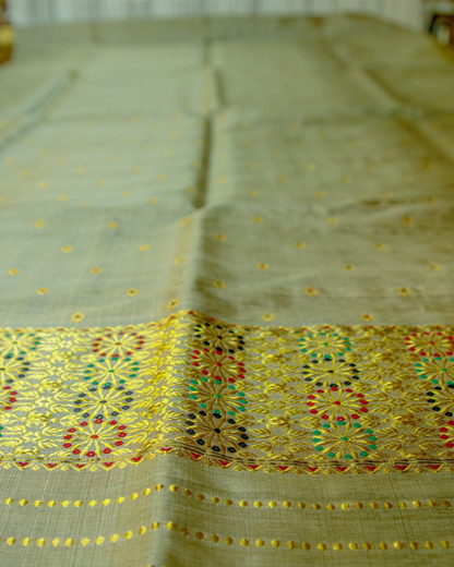 Ishtar Green Grey Tussar and Paat Silk Mekhela Sador