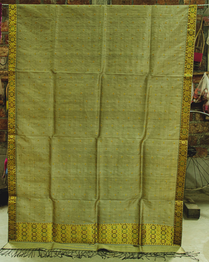 Ishtar Green Grey Tussar and Paat Silk Mekhela Sador