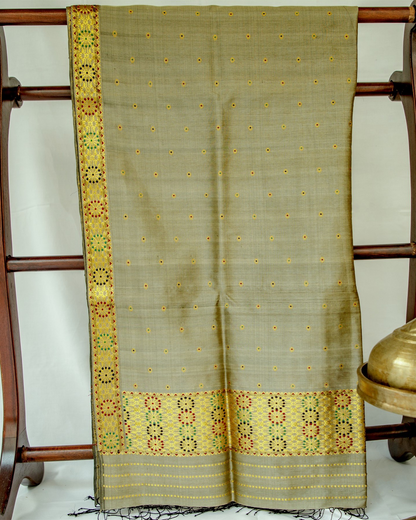 Ishtar Green Grey Tussar and Paat Silk Mekhela Sador