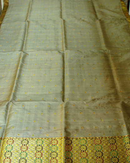 Ishtar Green Grey Tussar and Paat Silk Mekhela Sador