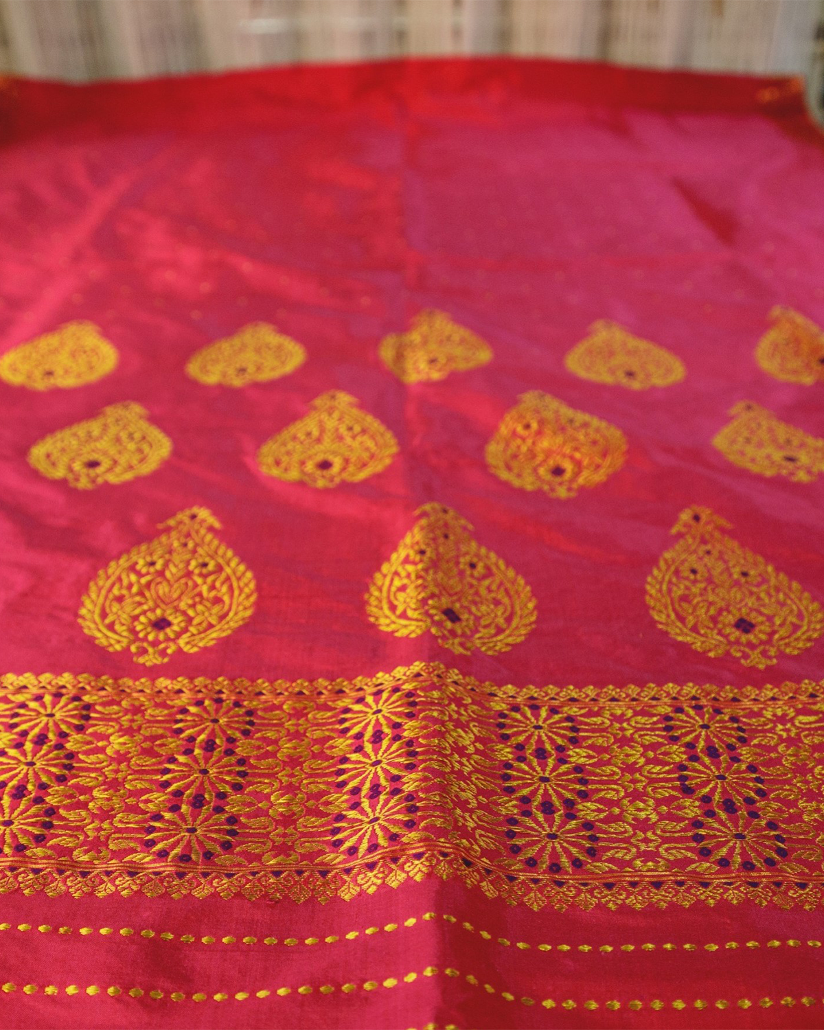 Ambika Pink-Gold Paat Silk Mekhela Sador
