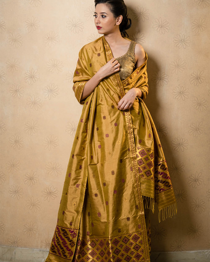 Abhushan Mustard Yellow Paat Silk Mekhela Sador