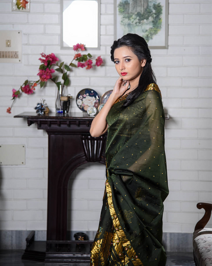 Vanaja Olive Green Kesa Paat Silk Mekhela Sador