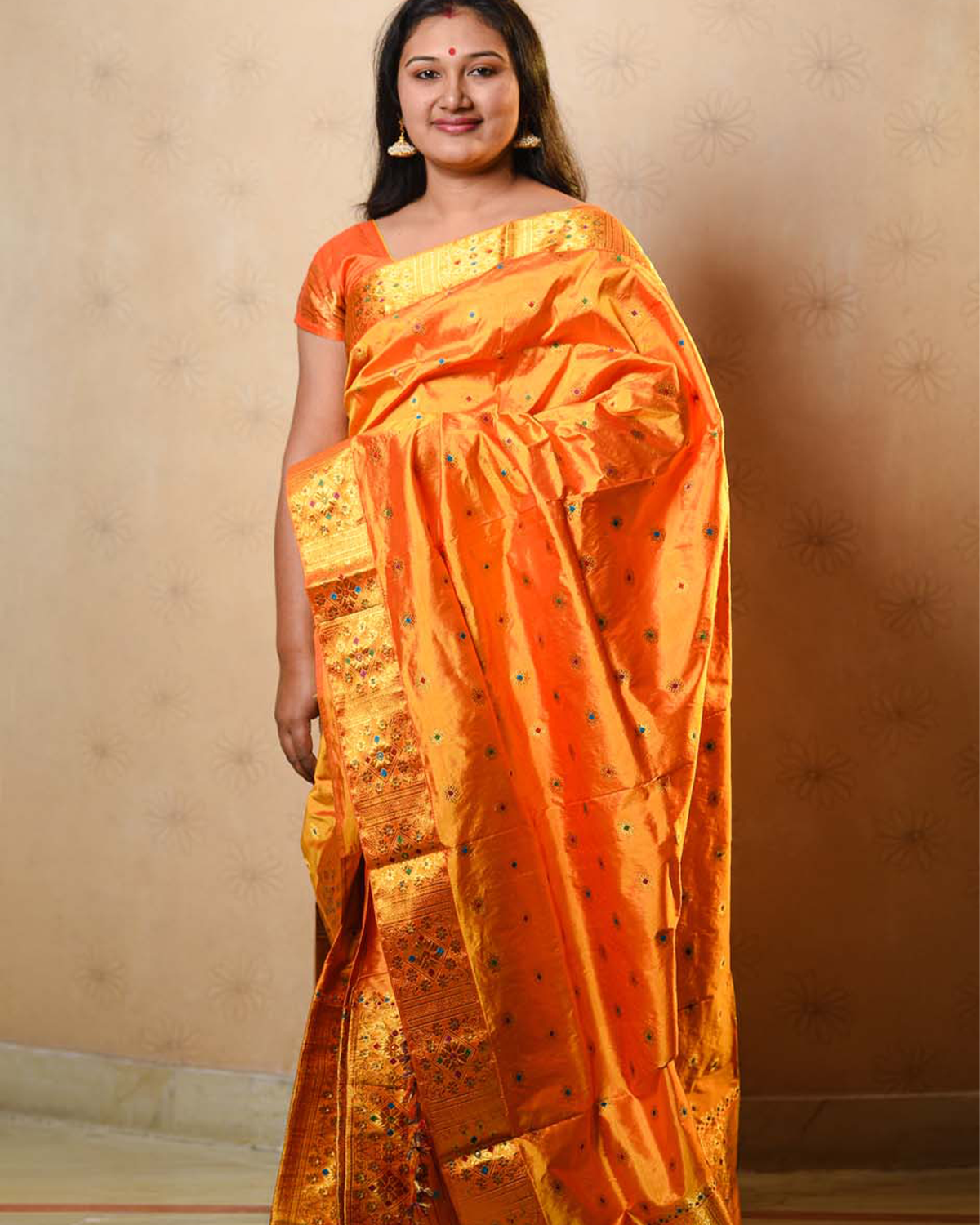 Kesari Orange-Gold Paat Silk Mekhela Sador