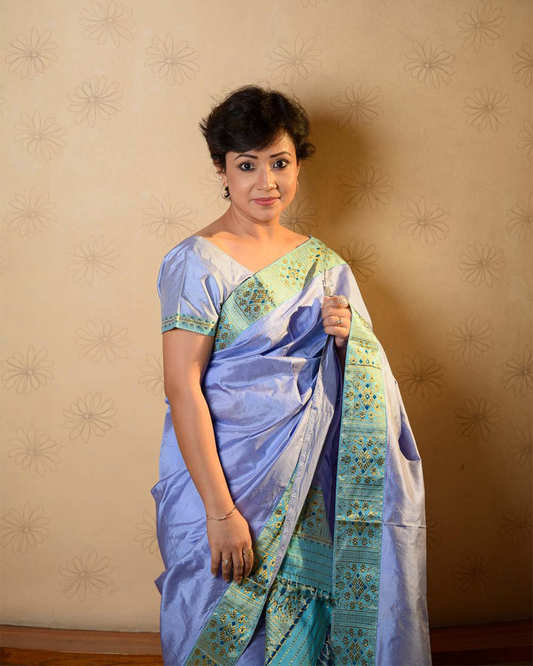 Sheetal Feroza Blue Paat Silk Mekhela Sador