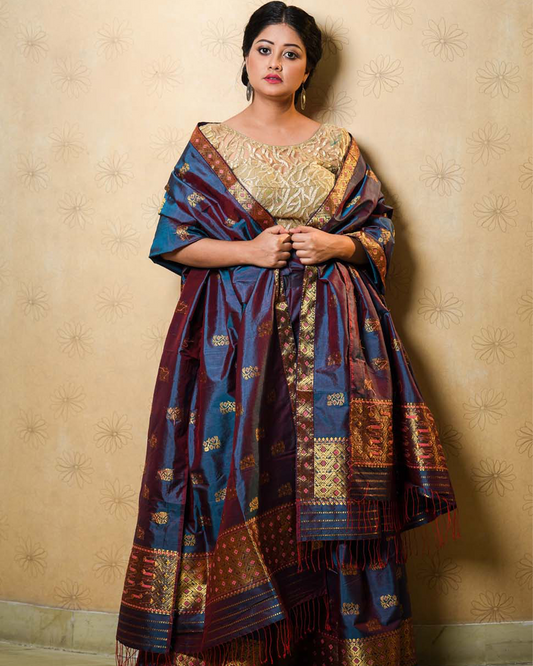 Raani Blue-Gold Paat Silk Mekhela Sador