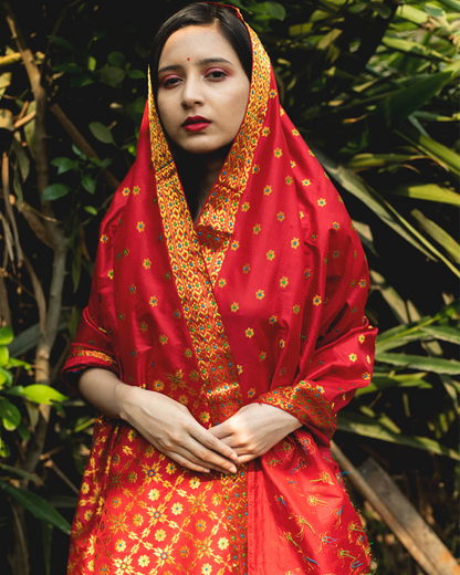 Swastika Gold-Red Paat Silk Mekhela Sador