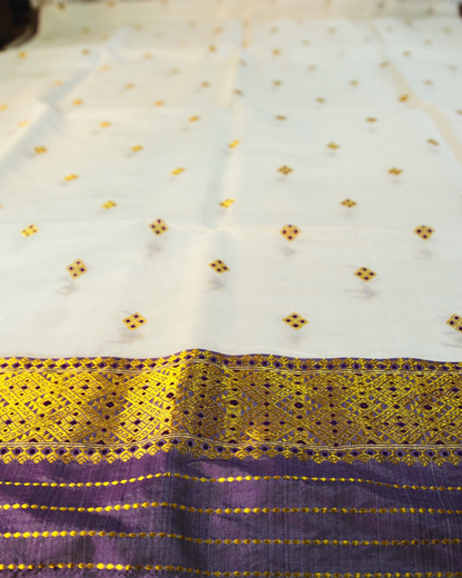 Kuwori White-Purple Kesa Paat Mekhela Sador