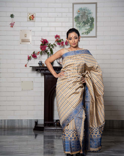 Kshitija Brown-Blue Muga Silk Mekhela Sador